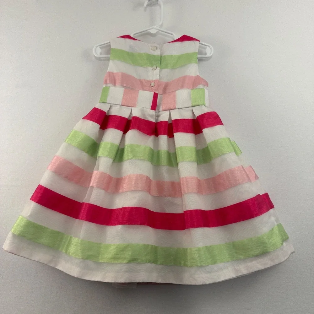 Gymboree‎ Dress 4T Girls Pink Green White Striped Bow Sleeveless Pleated